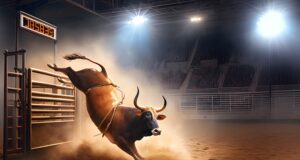 Depicting a bull stumbling through the gate when entering the arena, referring to Bitcoin's recent slump in the run-up to the Bitcoin halving.