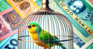 Depicting a canary bird in a cage, standing on the edge of a bitcoin. Fiji moved to outlaw crypto investments and crypto payments
