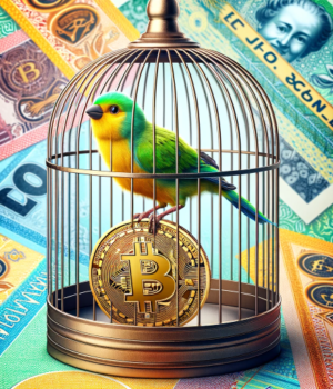 Fiji_Outlaws_Bitcoin Depicting a canary bird in a cage, standing on the edge of a bitcoin. Fiji moved to outlaw crypto investments and crypto payments