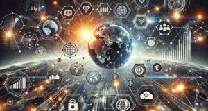 A wide futuristic digital network visualizing how Chainlink integrates blockchain, featuring glowing data streams, interconnected nodes, and icons representing finance, technology, and global connectivity.