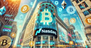 Nasdaq building in New York City with vibrant LED screens displaying 'Coincheck Nasdaq' and cryptocurrency icons, symbolizing Coincheck's public debut on the global market.