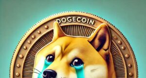 Dogecoin fell victim to an attack with 69% of its nodes crashing. The iconic Shiba Inu dog is sad, with tears streaming down its face.