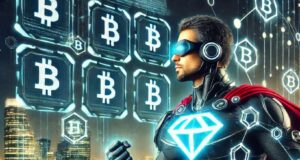 Futuristic superhero blockchain investigator analyzing holographic blockchain data to trace stolen funds from the $16M Crypto Heist.