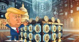 A futuristic digital vault with Bitcoin symbols inside, representing banks custodying crypto, alongside the U.S. Capitol building in the background, symbolizing government policy shifts. A subtle American flag overlay reinforces the national impact of the digital asset reserve.