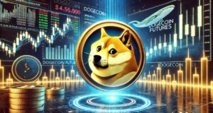 A futuristic digital chart featuring the Dogecoin logo, a rising price graph, and trading screens displaying "Dogecoin futures" with candlestick patterns in a neon-lit market setting.