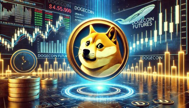 Dogecoin Mania: Is the $1 Dream a Reality or Just Hype? A futuristic digital chart featuring the Dogecoin logo, a rising price graph, and trading screens displaying "Dogecoin futures" with candlestick patterns in a neon-lit market setting.