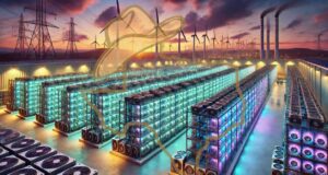 A large Bitcoin mining facility in Texas, with rows of mining rigs illuminated by LED lights, set against a backdrop of wind turbines and power lines under a Texas sunset.