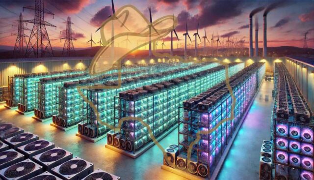 A large Bitcoin mining facility in Texas, with rows of mining rigs illuminated by LED lights, set against a backdrop of wind turbines and power lines under a Texas sunset.