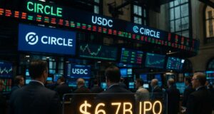 Traders observe digital tickers and monitors on the New York Stock Exchange floor during the Circle IPO listing, with USDC and $6.7B IPO graphics displayed.