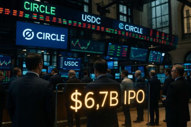 Traders observe digital tickers and monitors on the New York Stock Exchange floor during the Circle IPO listing, with USDC and $6.7B IPO graphics displayed.