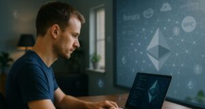 A man working on a laptop in a well-lit home office, running an Ethereum stateless node, with Ethereum logos and a decentralized network interface visible on the screen and wall.