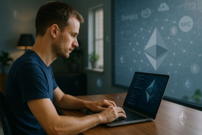 Ethereum stateless nodes A man working on a laptop in a well-lit home office, running an Ethereum stateless node, with Ethereum logos and a decentralized network interface visible on the screen and wall.
