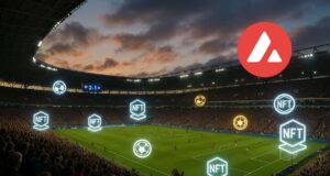 Photo-realistic image of a packed football stadium with NFT icons and Avalanche blockchain branding overlayed, representing FIFA’s Layer 1 blockchain fan engagement platform.