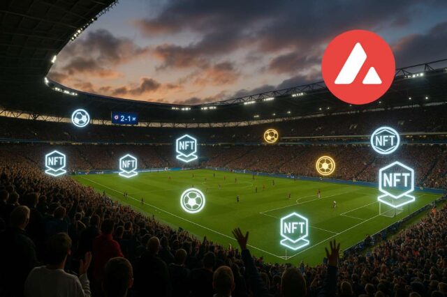Photo-realistic image of a packed football stadium with NFT icons and Avalanche blockchain branding overlayed, representing FIFA’s Layer 1 blockchain fan engagement platform.