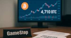 GameStop Bitcoin purchase visual showing office desk with Bitcoin coin, treasury documents, and screen displaying 4,710 BTC and price chart.