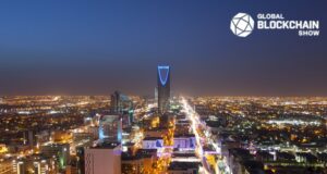 Riyadh skyline at night, Riyadh hosts The Global Blockchain Show in June 2025.
