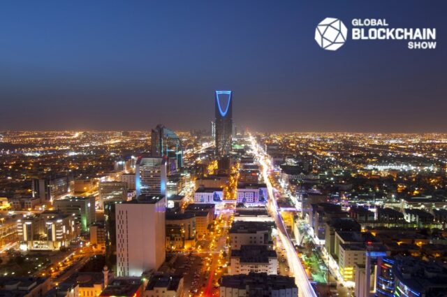 Riyadh skyline at night, Riyadh hosts The Global Blockchain Show in June 2025.
