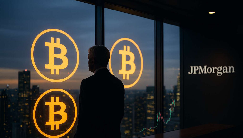 JPMorgan-Bitcoin-Investment Jamie Dimon silhouette overlooking skyline with Bitcoin symbols reflected on glass at JPMorgan headquarters