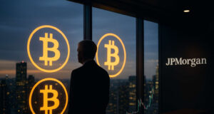Jamie Dimon silhouette overlooking skyline with Bitcoin symbols reflected on glass at JPMorgan headquarters