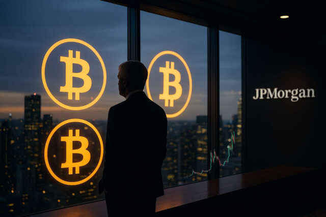 Jamie Dimon silhouette overlooking skyline with Bitcoin symbols reflected on glass at JPMorgan headquarters