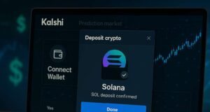 Close-up of Kalshi's prediction market interface confirming a Solana (SOL) crypto deposit, showcasing Zero Hash integration and fast blockchain funding.