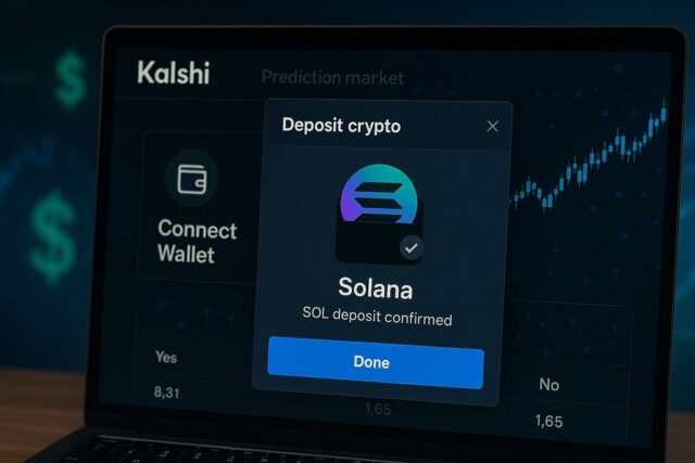 Close-up of Kalshi's prediction market interface confirming a Solana (SOL) crypto deposit, showcasing Zero Hash integration and fast blockchain funding.