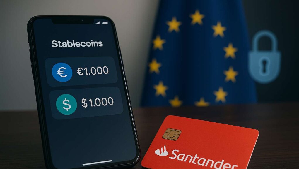 Smartphone displaying euro and dollar stablecoin balances next to a Santander debit card, with EU flag in background symbolizing MiCA-compliant crypto access.