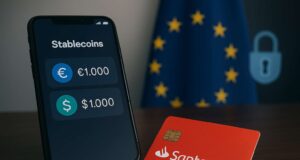 Smartphone displaying euro and dollar stablecoin balances next to a Santander debit card, with EU flag in background symbolizing MiCA-compliant crypto access.