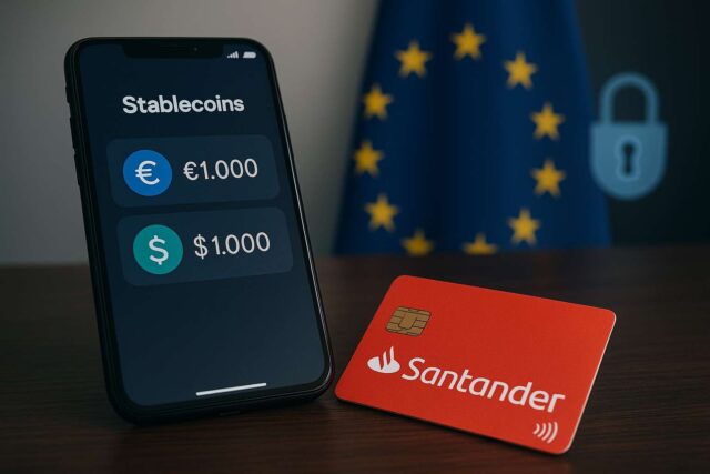 Smartphone displaying euro and dollar stablecoin balances next to a Santander debit card, with EU flag in background symbolizing MiCA-compliant crypto access.