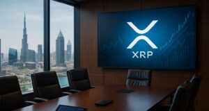 Photo-realistic image of a corporate boardroom with XRP logo on a digital screen, symbolizing VivoPower’s XRP treasury strategy and institutional crypto adoption.