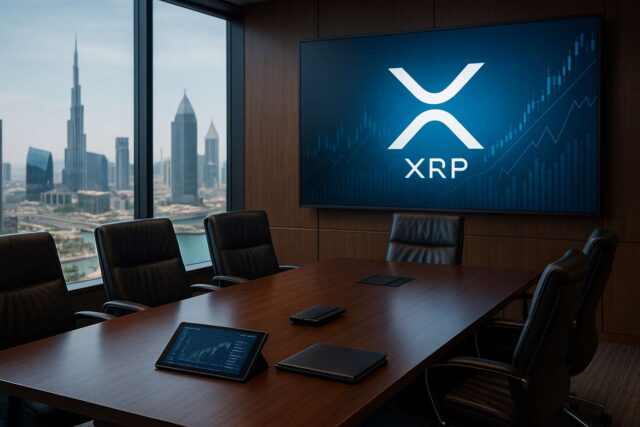 Photo-realistic image of a corporate boardroom with XRP logo on a digital screen, symbolizing VivoPower’s XRP treasury strategy and institutional crypto adoption.
