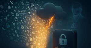 Illustration of a massive password breach showing glowing symbols, lock icons, and password fields spilling from a cracked cloud server toward a vulnerable crypto wallet, with Apple, Google, and Telegram logos faintly visible and a holographic CZ figure in the background.