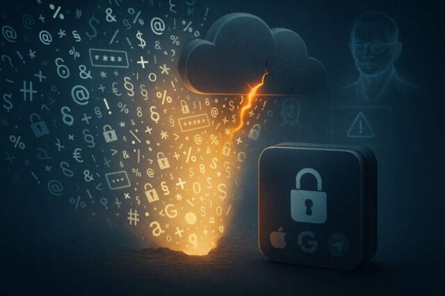 Crypto on Edge After 16B Password Leak — Binance’s CZ Urges Wallet Hygiene Overhaul Illustration of a massive password breach showing glowing symbols, lock icons, and password fields spilling from a cracked cloud server toward a vulnerable crypto wallet, with Apple, Google, and Telegram logos faintly visible and a holographic CZ figure in the background.