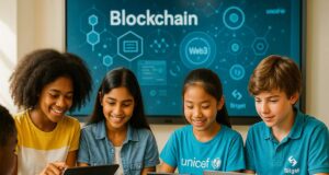 A diverse group of young students using tablets and laptops in a modern classroom, with a digital screen behind them displaying blockchain and Web3 graphics. The scene represents the Bitget UNICEF partnership focused on blockchain education for youth.