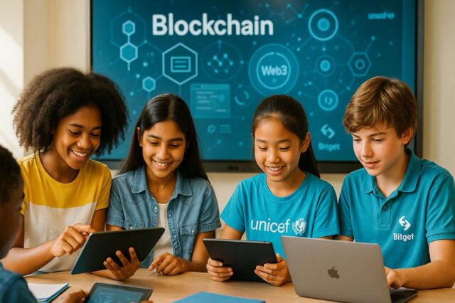 Bitget Bets on Education: $10M to Train 300K Young Minds in Blockchain via UNICEF Deal A diverse group of young students using tablets and laptops in a modern classroom, with a digital screen behind them displaying blockchain and Web3 graphics. The scene represents the Bitget UNICEF partnership focused on blockchain education for youth.