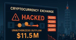 Digital illustration of a cryptocurrency exchange cyberattack showing “HACKED” alerts and a $11.5M unauthorized outflow, with Taipei 101 in the background — representing the BitoPro hack.