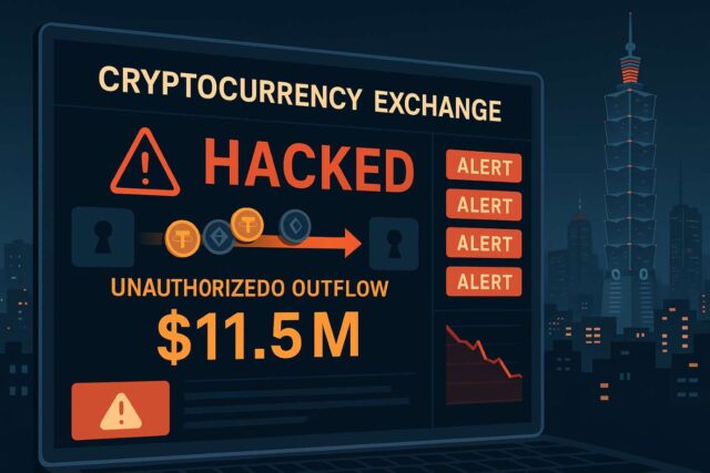 BitoPro Breaks Silence on $11.5M Hack: Users Reassured, Trust Shaken Digital illustration of a cryptocurrency exchange cyberattack showing “HACKED” alerts and a $11.5M unauthorized outflow, with Taipei 101 in the background — representing the BitoPro hack.