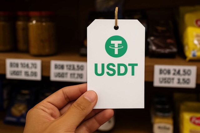A close-up of a USDT price tag held in front of store shelves in a Bolivian shop, illustrating Bolivia stablecoin dollarization amid economic crisis.
