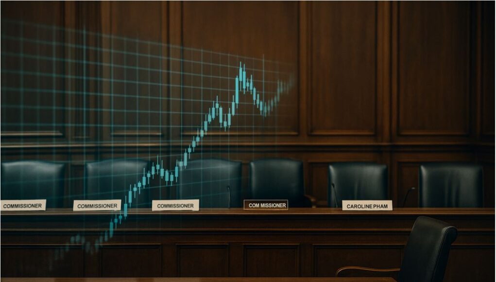A photo-realistic image of a U.S. federal hearing room with vacant commissioner chairs and nameplates, including one labeled Caroline Pham, symbolizing the leadership vacuum in CFTC crypto regulation; a semi-transparent digital asset chart hovers in the foreground, representing unfinished oversight.