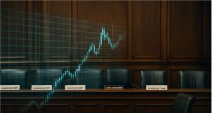 A photo-realistic image of a U.S. federal hearing room with vacant commissioner chairs and nameplates, including one labeled Caroline Pham, symbolizing the leadership vacuum in CFTC crypto regulation; a semi-transparent digital asset chart hovers in the foreground, representing unfinished oversight.