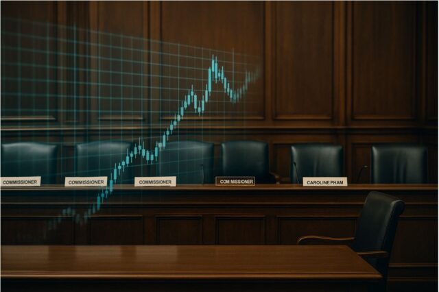A photo-realistic image of a U.S. federal hearing room with vacant commissioner chairs and nameplates, including one labeled Caroline Pham, symbolizing the leadership vacuum in CFTC crypto regulation; a semi-transparent digital asset chart hovers in the foreground, representing unfinished oversight.
