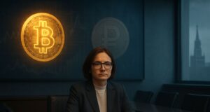 Photo-realistic illustration of a serious Russian central bank official seated in a modern boardroom, with Bitcoin and Ruble symbols on a digital screen and the Kremlin faintly visible through the window, illustrating the Central Bank of Russia's cautious crypto stance.