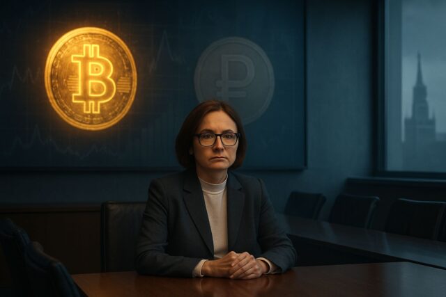 Photo-realistic illustration of a serious Russian central bank official seated in a modern boardroom, with Bitcoin and Ruble symbols on a digital screen and the Kremlin faintly visible through the window, illustrating the Central Bank of Russia's cautious crypto stance.