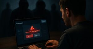 A man sits at a desk in low light, staring at a laptop screen displaying a suspicious crypto wallet approval request. Hooded figures loom in the background, symbolizing the threat of crypto social engineering attacks.