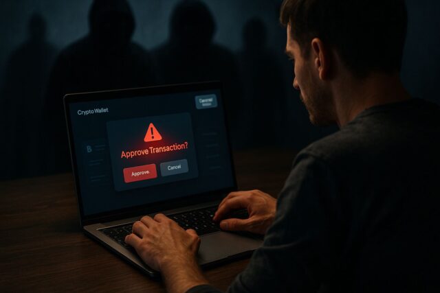 CertiK May Report Reveals Crypto Social Engineering as Top Threat in 2025 A man sits at a desk in low light, staring at a laptop screen displaying a suspicious crypto wallet approval request. Hooded figures loom in the background, symbolizing the threat of crypto social engineering attacks.