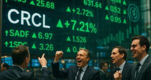 Traders celebrate on the NYSE floor as CRCL leads a Circle stock surge, with green tickers displaying strong post-IPO gains and rising crypto market confidence.