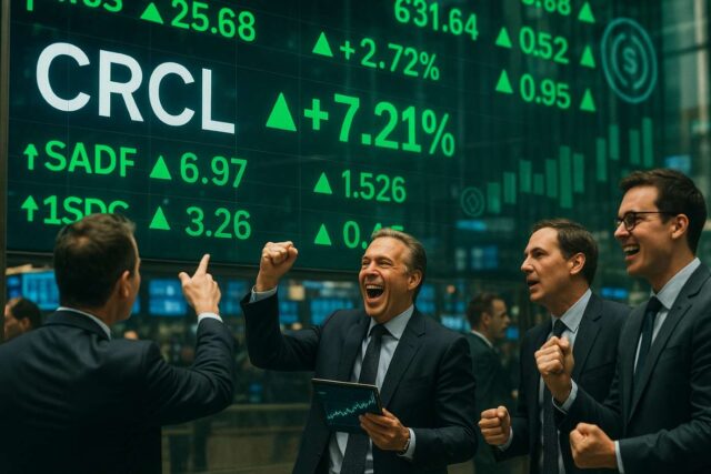 Traders celebrate on the NYSE floor as CRCL leads a Circle stock surge, with green tickers displaying strong post-IPO gains and rising crypto market confidence.