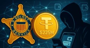 Illustration of a U.S. Secret Service badge, a $225M Tether (USDT) coin, and a hooded scammer texting “I miss you,” representing a pig butchering scam and crypto fraud crackdown.