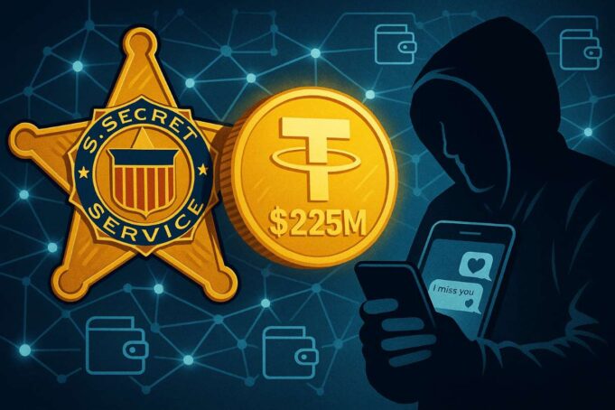 Coinbase-pig-butchering-scam Illustration of a U.S. Secret Service badge, a $225M Tether (USDT) coin, and a hooded scammer texting “I miss you,” representing a pig butchering scam and crypto fraud crackdown.