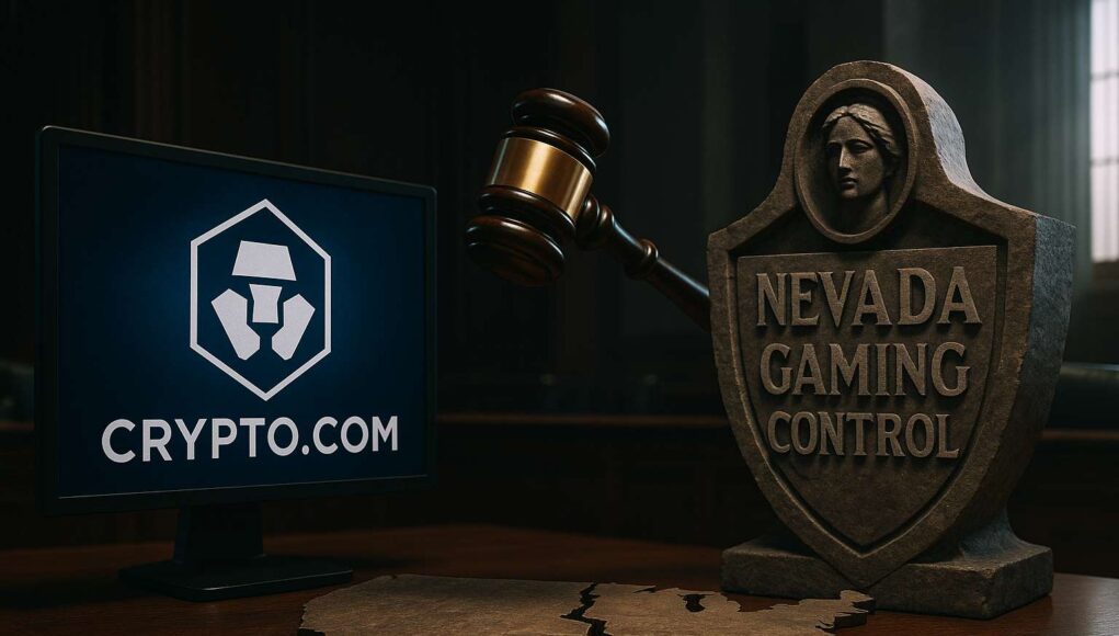 Crypto-com-Nevada-lawsuit Photo-realistic courtroom scene depicting the Crypto.com Nevada lawsuit, with a gavel suspended between a Crypto.com logo and a Nevada Gaming Control emblem, symbolizing the legal clash over prediction markets.